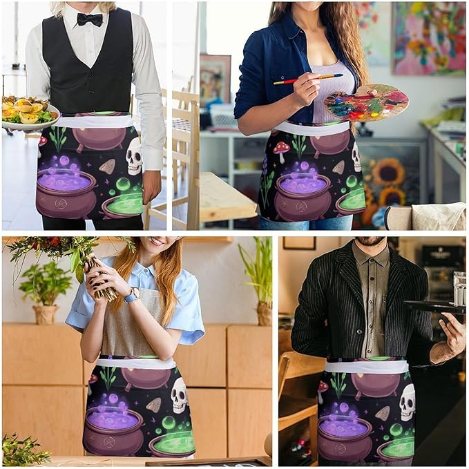 Unisex Apron for Cooking Server Waitress Half Waist Apron with 3 Pockets