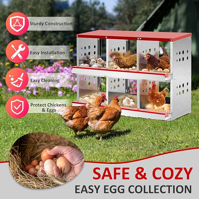 VINGLI Chicken Nesting Box 3-Compartment Roll-Out with Plastic Baskets, Egg Nesting Boxes for Hens, Chicken Coop Laying Box, Red (Red, 6 Compartment)