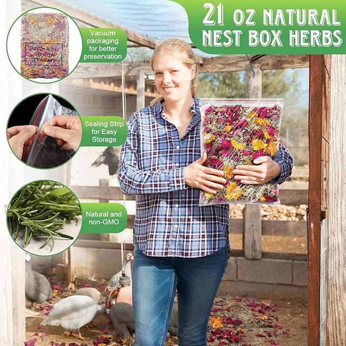 21Oz Chicken Nesting Herbs (1.3 Pounds), 6 Natural Dried Nesting Herbs for Chicken Coop, Aromatic Hen Feed Supplies in Vacuum Packaging for Nest Box/Dust Bath