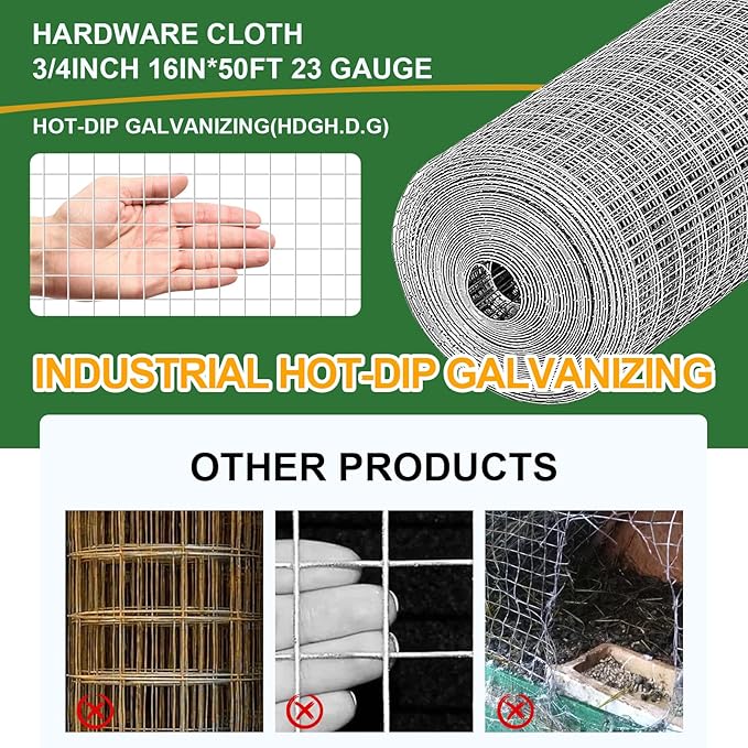 16in x 50Ft Hardware Cloth Hot-Dip Galvanized Welded Wire Mesh - Heavy Duty 23 Gauge Chicken Wire Fencing for Garden, Chicken Coop, Rabbit Cage, Rodent & Predator Protection