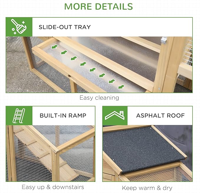 PawHut 69" Wooden Chicken Coop, Poultry Cage Hen House with Connecting Ramp, Removable Tray, Ventilated Window and Nesting Box, Natural