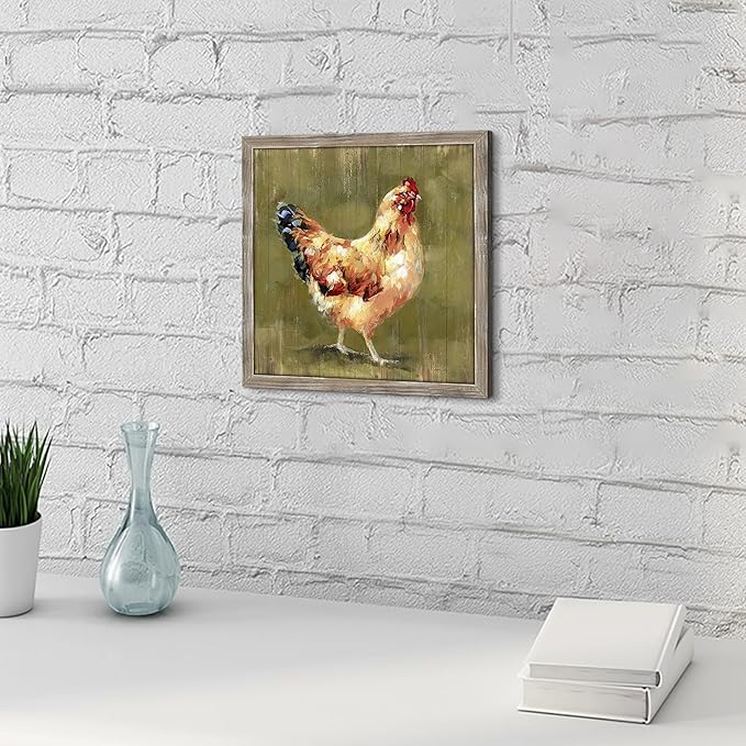 Rustic Farmhouse Wood Wall Art: Chicken Framed Print Decor Farm Animal Picture Artwork Country Hen Painting Decorations for Kitchen Home Bathroom Bedroom 12 x 12 Inches
