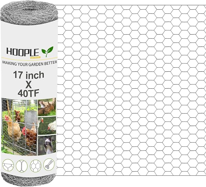 HOOPLE Chicken Wire, 17Inx40FT Chicken Wire Fencing for Garden Poultry, Hexagonal Galvanized Chicken Wire Mesh, Rustproof and Sturdy, Animal Barrier Mesh, Wire Fence Rolls for DIY Project.