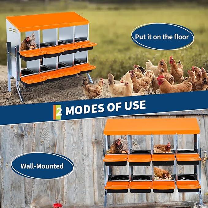 Chicken Nesting Box, 8 Compartment Roll Away Egg Laying Box for Hens, Wall Mounted & Freestanding (2 Modes of Use), Easy Egg Collection, Cleanable Pull Out Nesting Box, Org, WL