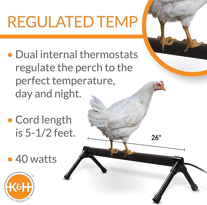 K&H Pet Products Thermo Heated Chicken Perch for Coop, Warming Chicken Heater, Prevents Frozen Toes, Warm Coop Accessories, Lamp Alternative, Safety Listed - Small 26” Black