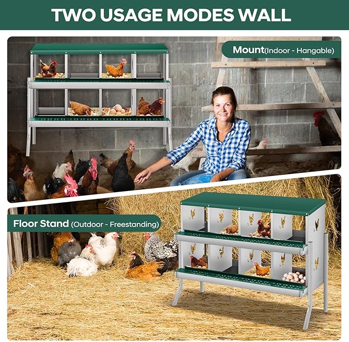 Ventilated Rustproof Design - Metal Chicken Nesting Box for Small Animals - 8 Compartments, Wall-Mounted, Roll Away, Easy Egg Collection & Cleaning - Green