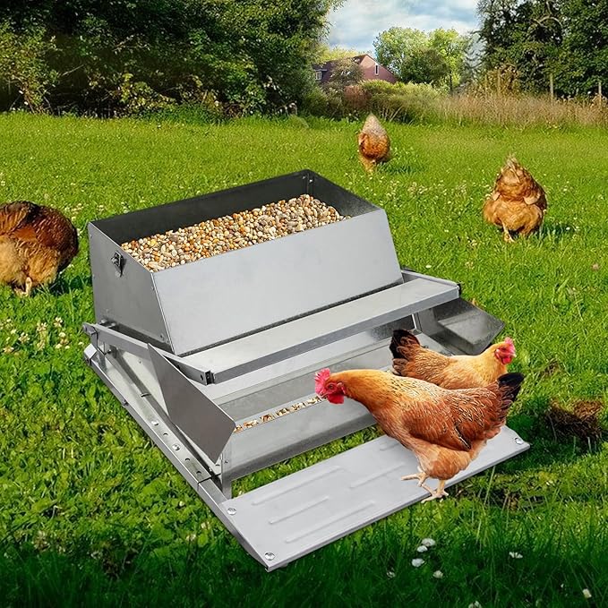 Galvanized Steel Automatic Chicken Feeder with Treadle, 27 LB Large Chicken Feeders No Waste, Rat Proof Chicken Feeder with 10 Chickens for 11 Days