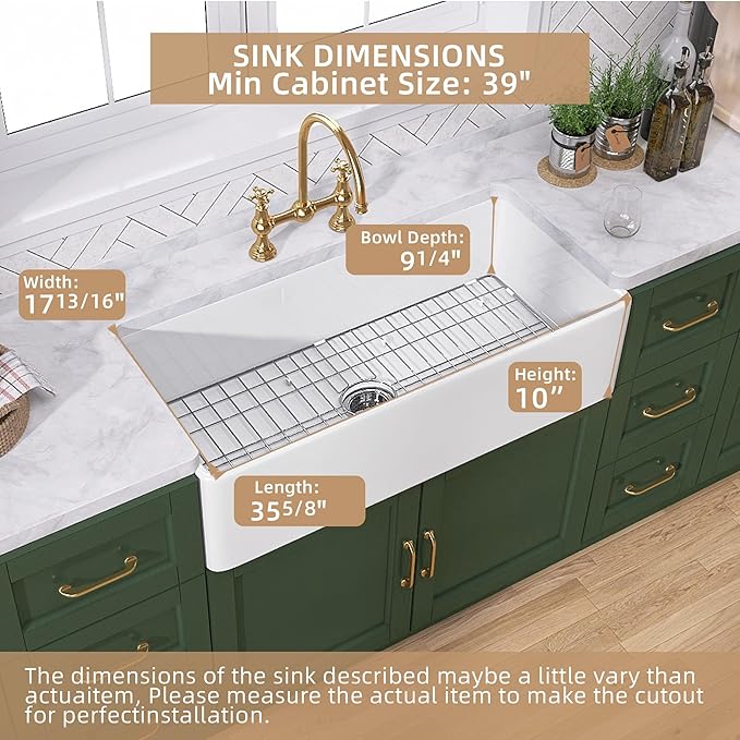 TUKTUK White Farmhouse Sink 36 inch Fireclay Farm Sink Apron Front Single Bowl Kitchen Sinks Deep Large Capacity Porcelain Ceramic Sink Undermount Luxury Bottom Grid & Strainer Drain Included