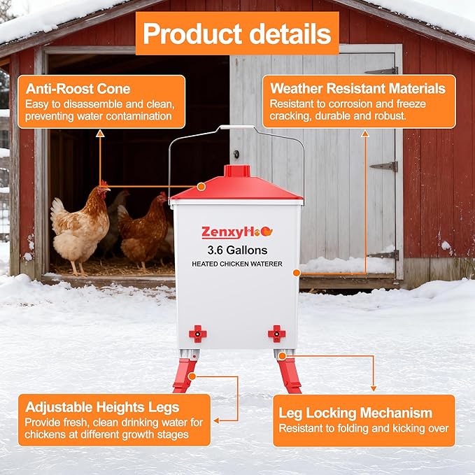 3.6 Gallons Heated Chicken Waterer Bucket for Winter, Chicken Water Heater with 4 Nipples and 10ft Power Cord