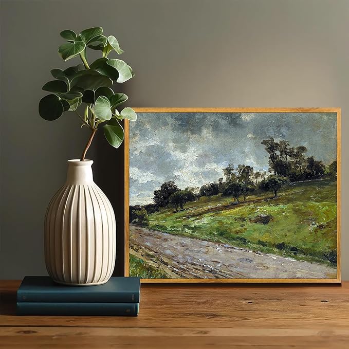 Vintage Country Wall Art Natural Landscape Picture Country Road Painting Antique Farmhouse Wall Art Wilderness Artwork Rustic Landscape Poster Vintage Village Painting Green Scenery Picture 8x10in Framed