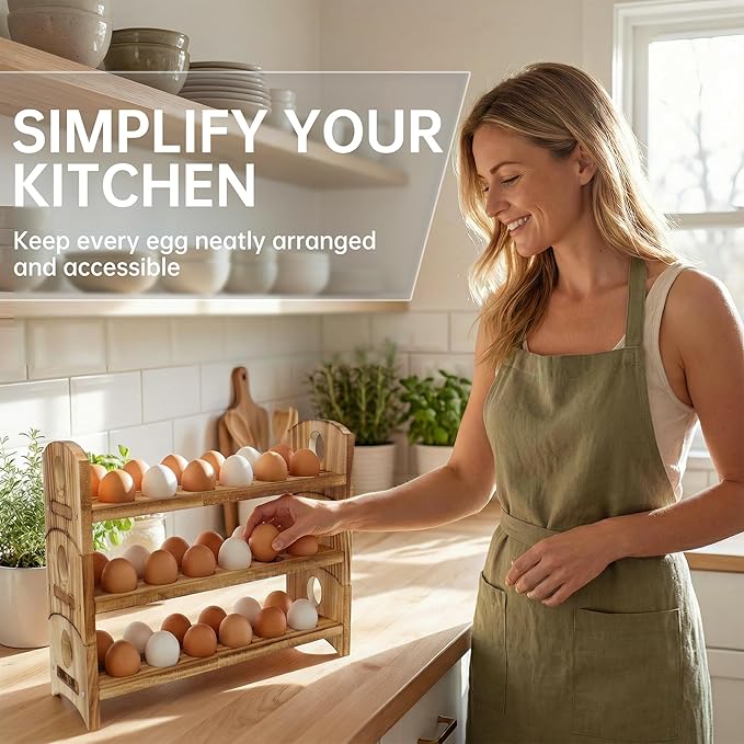 Wooden Egg Holder, 3 Tier 36 Egg Capacity, Farmhouse Egg Holder for Countertop, Stackable Egg Storage Rack for Fresh Eggs, Rustic Wooden Egg Organizer with Handles for Kitchen Counter