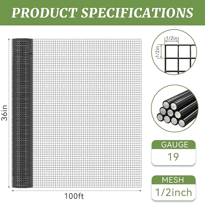 Black Hardware Cloth 1/2in Mesh 36in x 100ft, Chicken Wire Fencing PVC Coated 19 Gauge, Welded Chicken Wire for Rodent Proofing, Tree Guard, Garden Fence, Poultry Netting