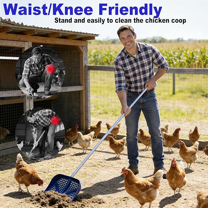 11.8inch Heavy Large 2-in-1 Chicken Poop Scooper & Rake,Adjustable Aluminum Handle（20–61"） Chicken Coop Scoop– Litter Scoop Sand & Sifting Shovel for Chicken Coops(Blue)