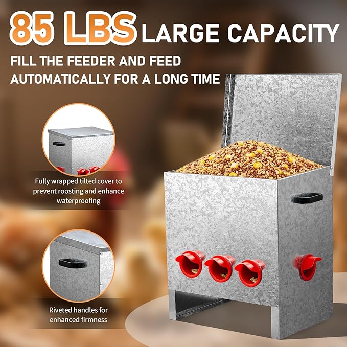 VINGLI Chicken Feeder with 5 Feeding Ports, 85 lb No Waste Large Capacity Metal Poultry Feeder with Handles and Lid for Backyard Chickens and Poultry (5 Ports)