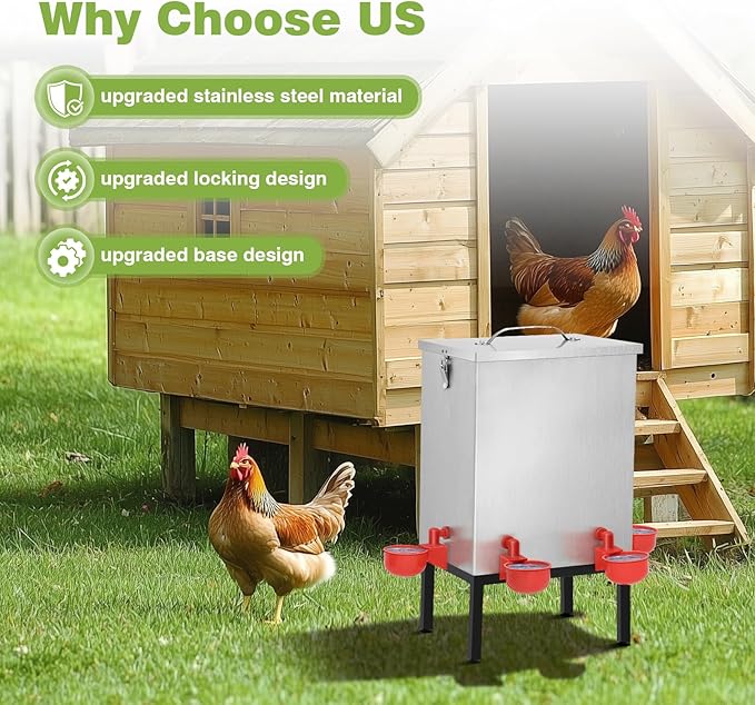 3 Gallons Chicken Waterer,Stainless Steels Automatic Chicken Waterer with Latch and Bottom Bracket，Poultry Watering 4 Water Cups Chicken Feeder Waterer and 4 Horizontal Automatic Chicken Nipples