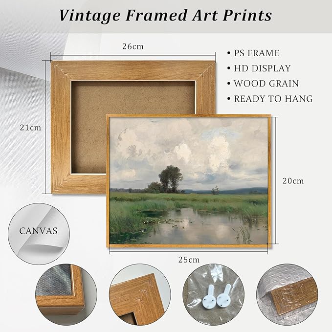 Farmhouse River Artwork Vintage Landscape Framed Pictures Nature Wilderness Wall Art Rustic Landscape Painting Wilderness Green Poster Farmhouse Scenery Picture Countryside Canvas Wall Art 8x10in Framed