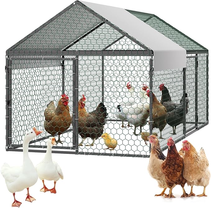 VEVOR Metal Chicken Coop for 4-6 Chickens, 3.3 x 6.6 x 3.3 ft, Small Chicken Cage with Waterproof Cover & Double Doors, Spire Roof Poultry Run Compatible with Wooden Coops, for Rabbit Hen Goose Duck