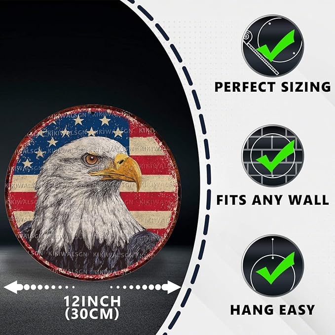 Vintage Bald Eagle Round Metal Sign Retro American flag Tin Sign Nostalgic Patriotism Wall Decor Decorations for Home Bedroom Living Room Cafe Bar Kitchen Yard Fence Door Outside 12 * 12 In