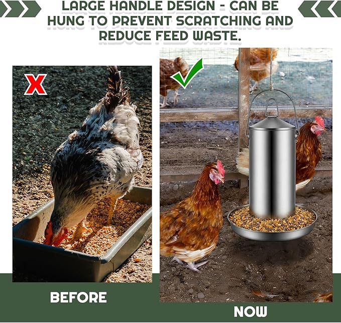 2 Pack 10 lb 304 Stainless Steel Chicken Feeder, No Waste Hanging Metal Poultry Feeder for Hens Ducks, Heavy Duty Coop Feed Outdoor