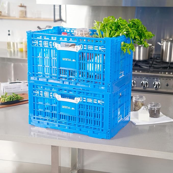 Restaurantware Plastic Milk Crates for Storage - 10 Pack - Cater Tek Stackable Storage Buns for Organizing - Collapsible Storage Basket for Groceries, Home Supplies, Blue