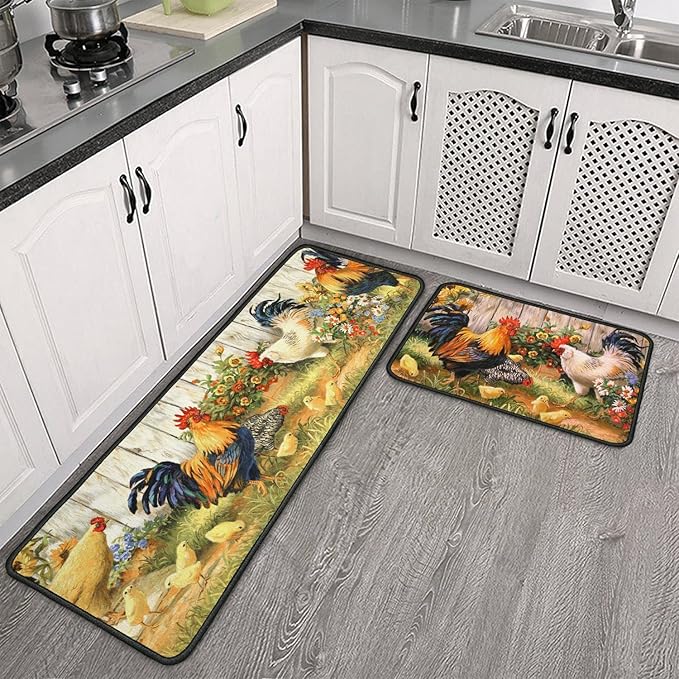Roszwtit Rooster Kitchen Rug, Farmhouse Kitchen Rugs and Mats Set of 2, Kitchen Sets Low-Profile Washable Floor Mat for Home Kitchen Decor - 17x29 and 17x47 Inch
