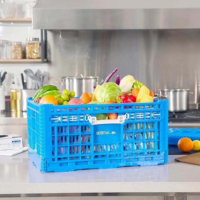 Restaurantware Plastic Milk Crates for Storage - 10 Pack - Cater Tek Stackable Storage Buns for Organizing - Collapsible Storage Basket for Groceries, Home Supplies, Blue