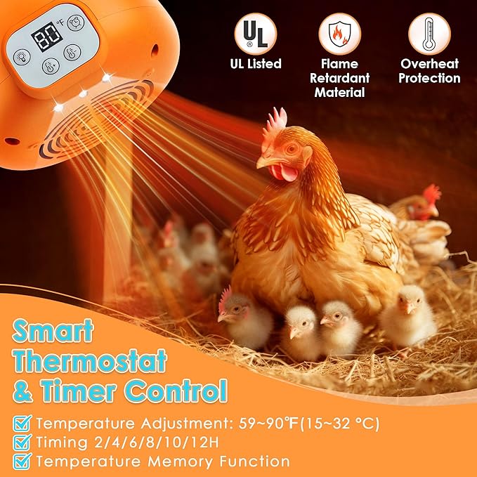 Enhon 2 Pack Chicken Coop Heater, Timing Heat Lamp for Chickens, Smart Temperature Control Chicken Brooder Heater, 5 Ft Ultra Long Cable Reptile Heating Lamp for Chicks Duck Dog Cats, No Remote