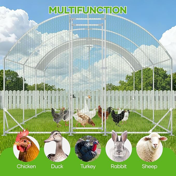 Large Metal Chicken Coop,10x20 FT Walk in Chicken Runs with Cover for 30 Chickens,Hen House Enclosure with Security Lock, Outdoor Duck Rabbit Cage Poultry Pens for Backyard,Farm,Yard