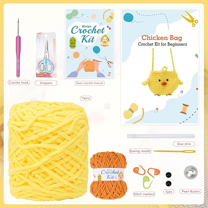 Alvian Easter Chick Crochet Kit for Beginners - Make Mini Chicken Crossbody Bags, Complete Knitting DIY Craft Kit with Yarn, Hook & Video Tutorial, Perfect Easter Basket Stuffer & Spring Activity