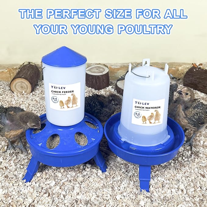 Top Filling Chick Feeder and Waterer Set with Scoop, 0.4Gal Chick Feeder and 0.4Gal Chick Waterer with 3 Heights Adjustable Legs for Chicks (Blue)