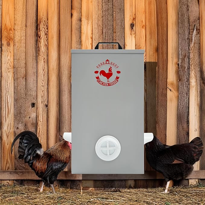 SARUFO Chicken Feeder Wall Hanging 25lb 3-Port All-Weather Metal Poultry Feeder with Plugs Wind and Rainproof Suitable for Chickens, Geese, Ducks, Turkeys, Quails