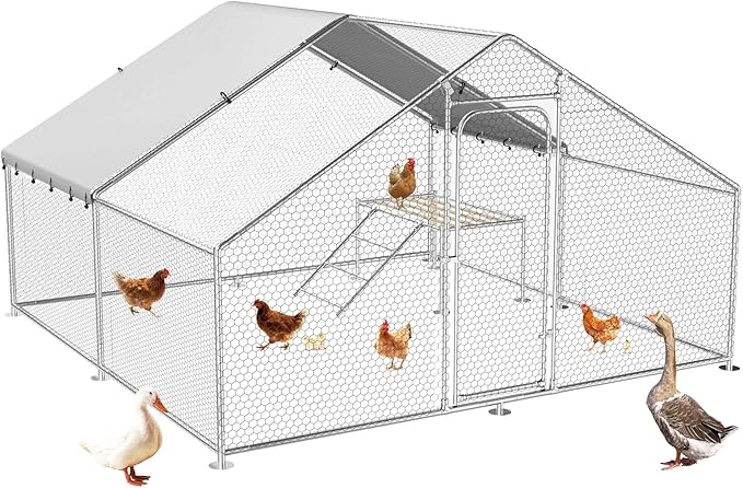Large Metal Chicken Coop with Roosting Ladder, UV-Resistant and Waterproof Cover, Outdoor Walk-in Cage Hen House for Yard Farm Rabbit Duck Chicken Run, Spire Roof (13.1'W x 9.8'L x 6.4'H)