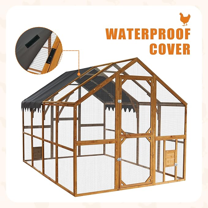 KEIKI Chicken Coop, 9.3 x 6.2 x 6 FT, Large Wooden Chicken Run with Waterproof Cover, Outdoor Walk-in Hen House, for Backyard Farm, Yellow