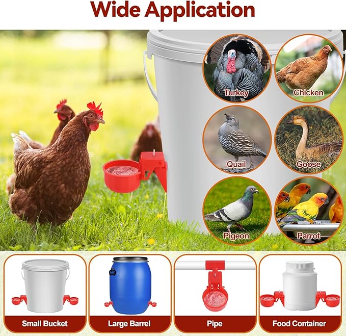 Kalolary Detachable Chicken Waterer Cup, 12 Packs Tee Fittings Automatic Poultry Drinking Cups with Hole Open Drill Bit,Professional Poultry Water Container for Chick,Duck, Goose,Bunny,Turkey,Pigeon