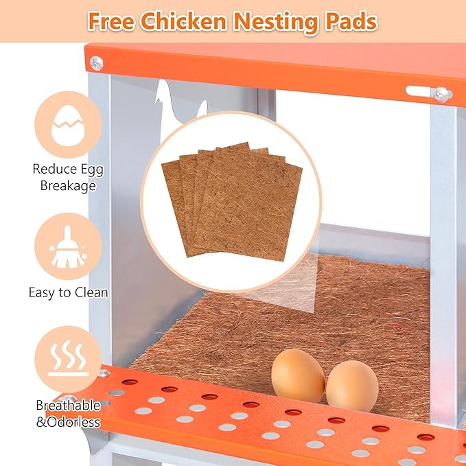 4-Bay Metal Nest Box for Chickens Wall Mount, Galvanized Steel Hen Laying Box with Hen-Shaped Vent Holes, Includes Coconut Fiber Pad, Easy to Clean & Assemble (Orange/Silver)
