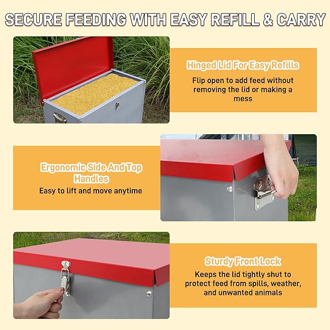Large 85LB Automatic Chicken Feeder No Waste, Rat Proof Metal Poultry Feeder with 10 Feeding Ports, Rust-Proof Galvanized Steel Auto Chicken Feeder with Locking Lid for Chickens, Geese, Duck & Poultry
