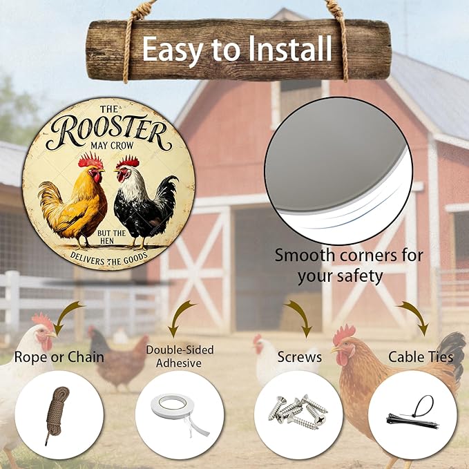 Funny Chicken Signs The Rooster May Crow But The Hen Delivers The Goods Round Tin Sign Metal Chicken Decor Home Ktichen Farm Wall Decor Vintage Metal Tin Poster 8 Inch