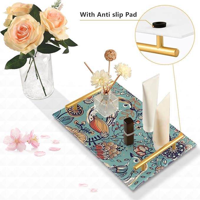 Bathroom Vanity Tray Counter Organizer, Floral and Bird Pattern Turquoise Decorative Tray with Handles Countertop Storage for Bathroom Bedroom Kitchen Home Farmhouse