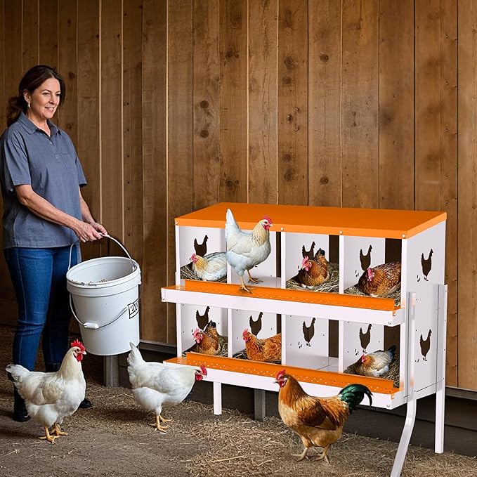 Nesting Boxes for Chickens, Chicken Coop Laying Boxes for Hens with Egg Rollaway System to Protect Eggs, 6/8/10-Hole Galvanized Steel Chicken Nesting Boxes Backyard Farm, Easy to Clean