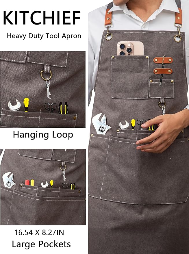 KITCHIEF Woodwork Aprons for Men,Tool Apron with loop and Pockets,Cross Back Heavy Duty Workshop Apron for Carpenter,Garden