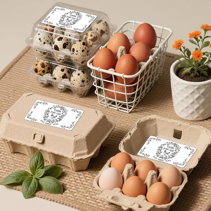 60Pcs 2" x 4" Farm Fresh Eggs Label White Rectangle Free Range Hens Egg Carton Stickers Self Adhesive Packaging Tags for Box Container Business Farm Farmhouse Markets Supplies