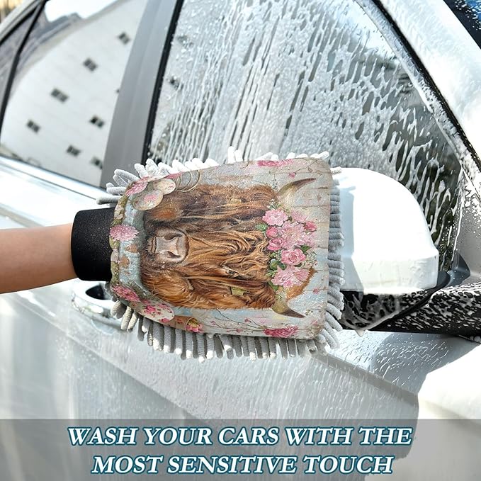 ALAZA Cow Bull Easter Eggs Car Wash Mitt Scratch Free, 2 Pack Absorbent Microfiber/Chenille Washing & Drying Mitts, M