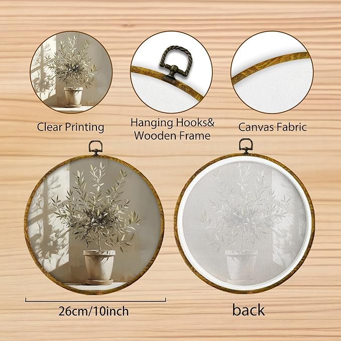 Hiuwevt Vintage Rustic Olive Tree Round Wall Art Decor, Country Neutral Botanical Framed Canvas Prints, Antique Vase Cottagecore Round Wall Hanging Decor for Home Kitchen Decorations, 10x10 Inches