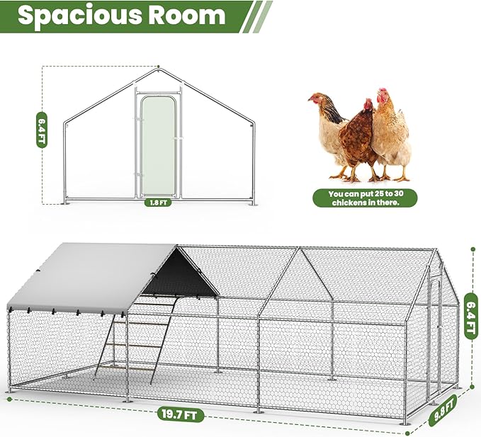 Large Metal Chicken Coop with Roosting Perch, Waterproof and UV-Resistant Cover, Outdoor Walk-in Cage Hen House for Yard Farm Rabbit Duck Chicken Run with Spire Roof (10'W x 19.7'L x 6.4'H)