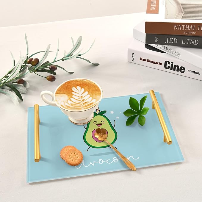 Bathroom Vanity Tray Counter Organizer, Cute Avocado Blue Decorative Tray with Handles Countertop Storage for Bathroom Bedroom Kitchen Home Farmhouse