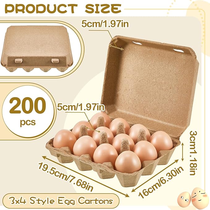 Rtteri 200 Pcs Egg Cartons Bulk 3x4 Style Egg Storage Containers Holder for Fresh Duck Quail Storage Kitchen Family Farmhouse (Natural Color)