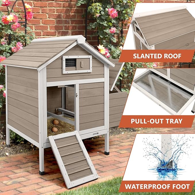 Chicken Coop Chicken House Outdoor with 2 Nesting Box, Wooden Small Chicken Coop Hen House with Removable Trays, Ramp for 1-2 Chickens (32" L x 23.6" W x 36.6" H)
