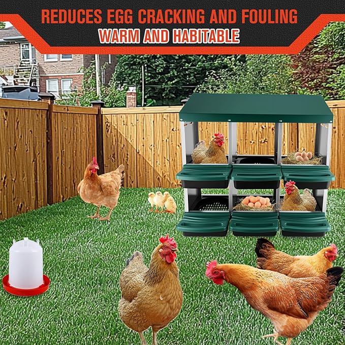 Chicken Nesting Box - 6 Hole Metal Roll Away Egg Laying Box for Hens, Heavy Duty Chicken Coop Nesting Box with Perch & Ventilation, Rust-Proof Poultry Nest (Green)