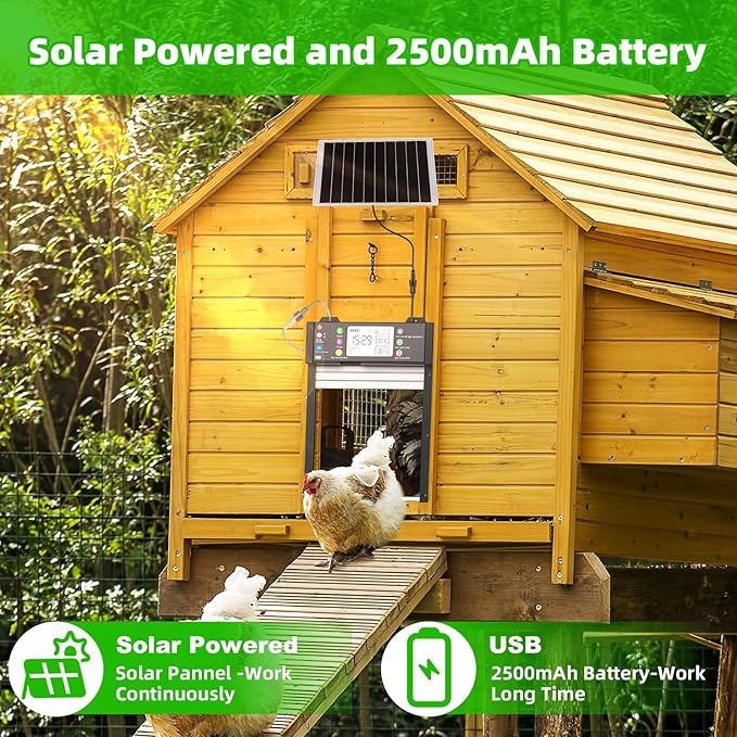 Automatic Chicken Coop Door, Tuya App Remote Control, Door Status Detection, WiFi Reconnection, Auto Chicken Door Solar with Light Sensor, Timer, Anti-Pinch, 4000 mAh Battery, LCD Displayer