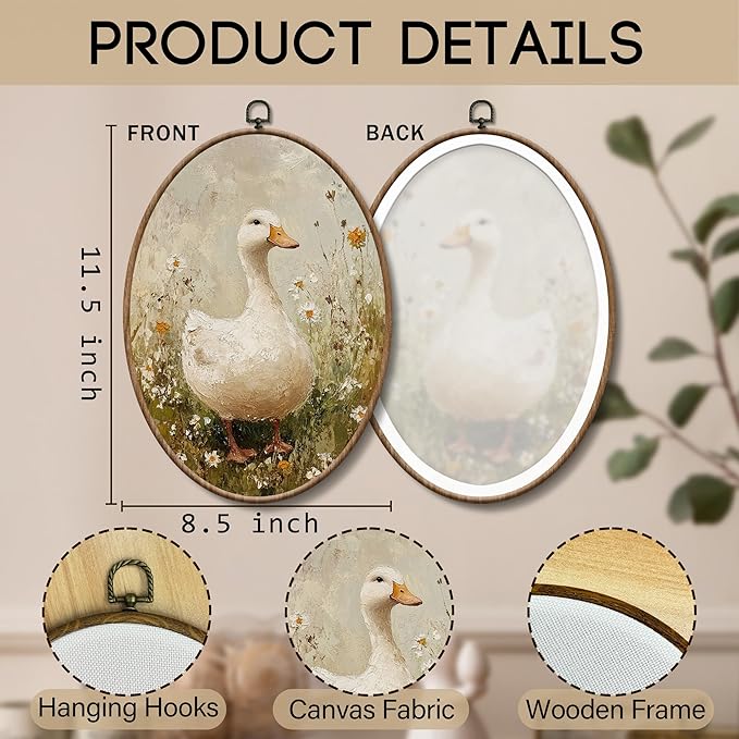 Yorhifa Vintage Duck Wildflower Framed Wall Art, Cottagecore Daisy Floral Duck Oval Wall Art, Rustic Farm Animal Oval Walls Decor, Farmhouse Country Canvas Artwork Hanging Decor, 8.5x11.5 Inch